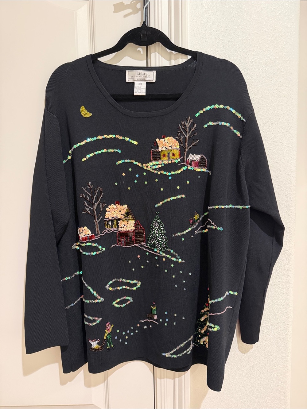 Beaded Christmas sweater black colorful 3x rayon nylon Lisa international